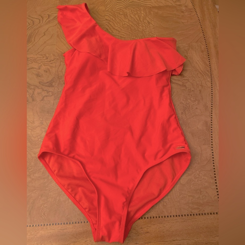 Jones New York Swimsuit Bright Orange One-Shoulder One-Piece Ruffle Size ~ Small